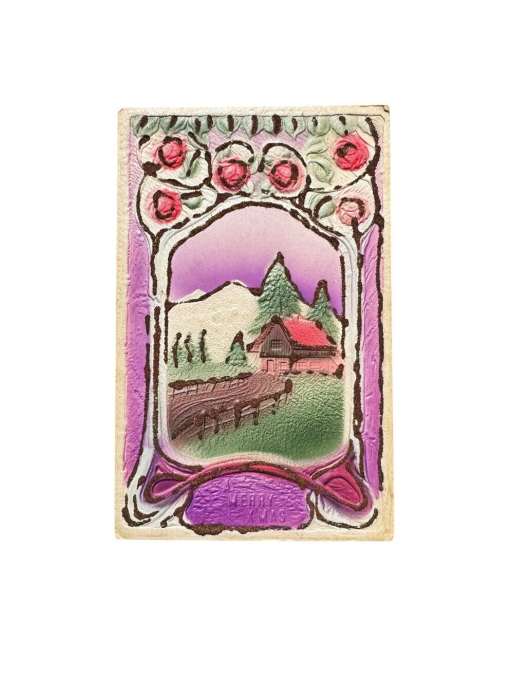 Embossed Vintage Merry Xmas Postcard w/Cottage Scene & Roses 1900s Unposted